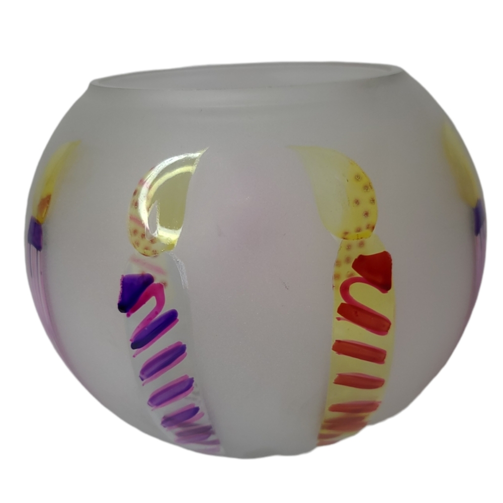 TeleFlora Circle Frosted Glass Vase Bowl w/ Multi-Color Hand Painted Candles